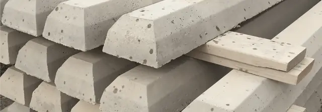 Stacked precast concrete bumper and curb blocks on timber dunnage, chamfered edges and exposed aggregate visible.